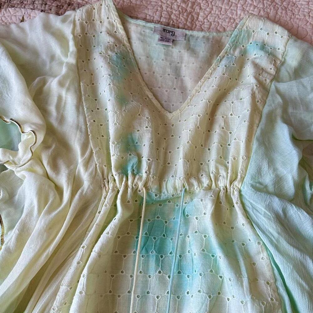 Lightweight, flowy green and blue tie-dye boho fairy dress. - Picture 2 of 5